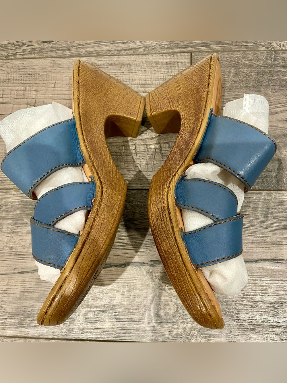 Børn Blue Leather women’s Wedge Sandals Strappy Buckle Closure US 8/EU 39 - Picture 3 of 6